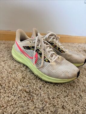 Nike Women's Neutral Running Shoes in Beige with Neon Green and Hot Pink Accents
